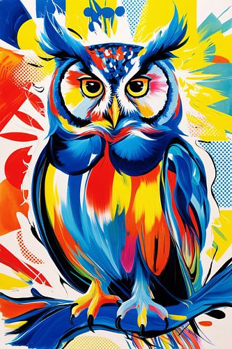 Kleurrijke abstracte uil op tak