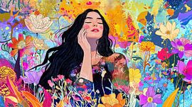 Woman with dark hair and colourful flowers