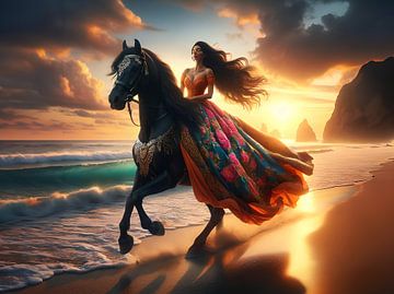 Mooie vrouw rijdt op een zwart paard op het strand met zonsondergang. van Eye on You