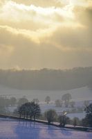 Zonnestralen over winterlandschap