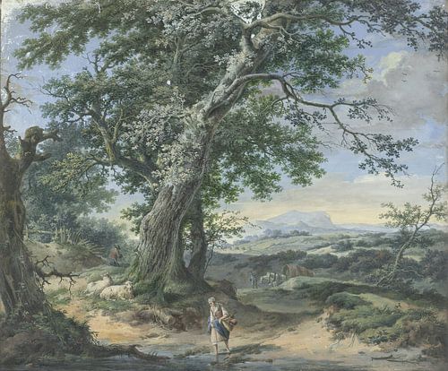 Heuvelachtig landschap met zware bomen en menselijke stoffage, Pieter Pietersz. Barbiers