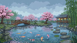 Rainy Sakura Koi Pond in Pixel Art by my pixel art