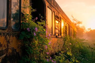 Wrakke trein met planten - zonsondergang van Poster Art Shop