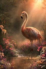 Flamant rose et fleurs tropicales