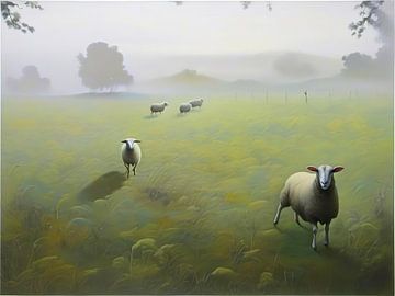 Abstraktes Bild von Schafen auf einer Wiese von Mario Dekker-Janssen