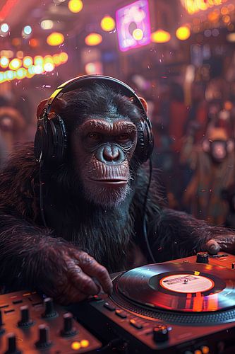Coole aap DJ mixt platen in de feestscene