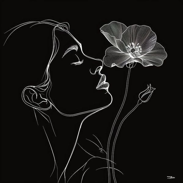 Strichzeichnung einer Frau mit einer Blume von Gelissen Artworks