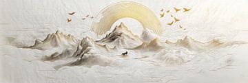 Landscape of ink and rice paper with golden mountains by Digitale Schilderijen
