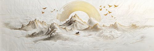 Landscape of ink and rice paper with golden mountains