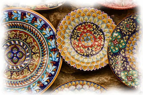 Still life brightly coloured Italian plates
