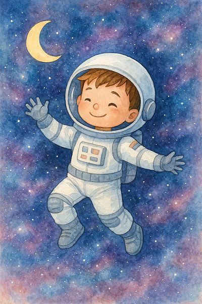 Kleiner Astronaut zwischen den Sternen (AI) (schwebend, Mond, cool, Kinderzimmer, Junge, Fantasie) von Natalie Bruns