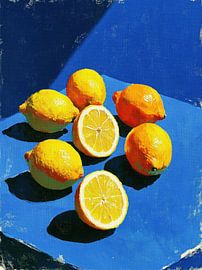 Des citrons sur fond bleu cobalt sur Franka Poulain