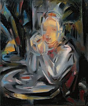 Maria Blanchard - Jeune assis à une table devant une tasse sur Peter Balan