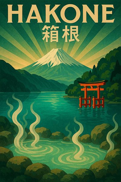Berg Fuji &amp; Hakone Torii - Vintage japanische Landschaft Poster von Travel Shop