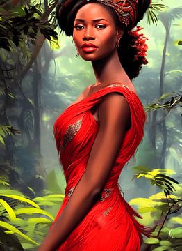 Safari-koningin: Majestueuze Afrikaanse vrouw in rode veren mantel van Christine aka stine1