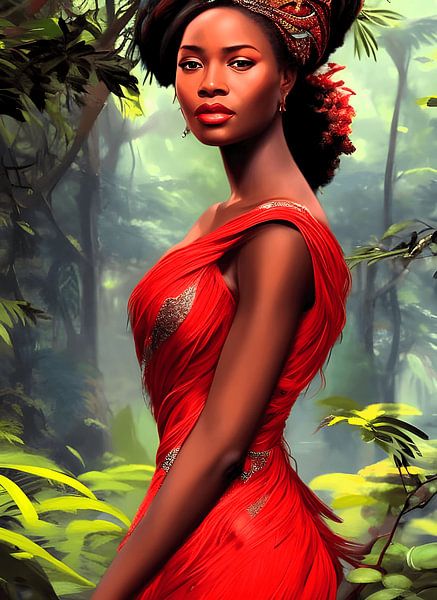 Safari Queen: Majestic African Woman in Red Feather Robe by Christine aka stine1