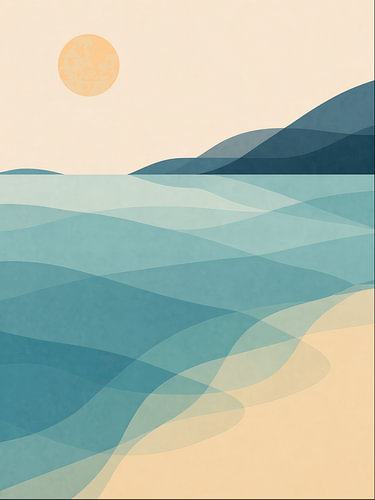 Abstrakte Meereslandschaft Illustration in Blau Beige und Pastell