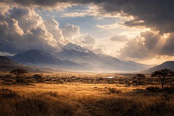 Paysage spectaculaire de savane avec montagne et rayons de soleil dorés