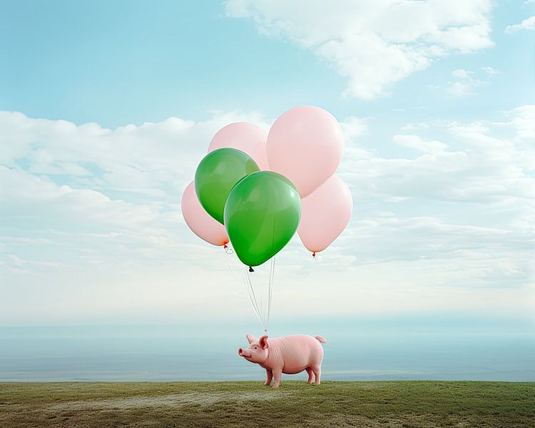 Absurdistisch portret van een varken met ballonnen van Vlindertuin-Art