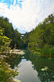Meer in Zweden met waterlelies, witte wolken, blauw water en bomen aan de oever van Martin Köbsch