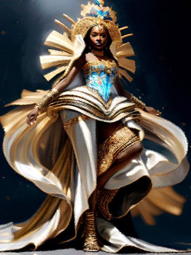 Vrouwengodin ten voeten uit in het kostuum van de goden