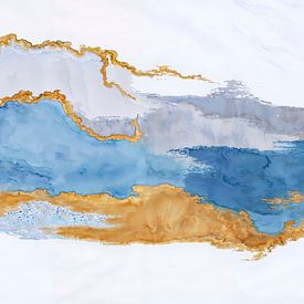 Im Fluss der Ruhe, moderne Abstraktion in Blau Gold von Mad Dog Art