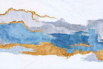 In de stroom van kalme, moderne abstractie in blauw en goud van Mad Dog Art