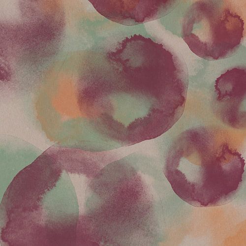 Abstracte aquarelvormen in paars, groen en geel.