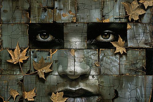 Surrealistisch gezicht met gouden bladeren kunstwerk