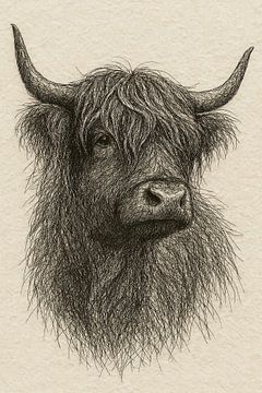 Draad portret Hooglander (Schotland koe hoorns vriendelijk krachtig speels realistische tekening Scandinavisch interieur) van Natalie Bruns