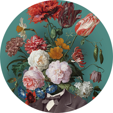 Zelfportret met bloemen 3 (rechthoekig, groengrijs) van toon joosen