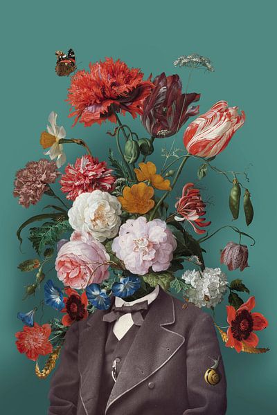 Selbstbildnis mit Blumen 3 (rechteckig, grün-grau) von toon joosen