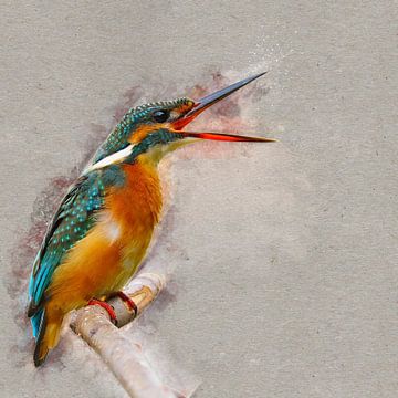 IJsvogel met open snavel op een tak (kunst)