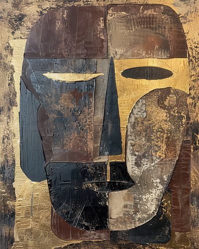 Monumentaal Abstract Tribal Mask in Aardse Kleuren en Goud
