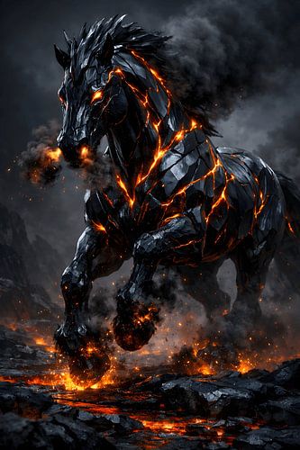 Cheval de lave en obsidienne « Infernal Magma Stallion » – Illustration fantastique