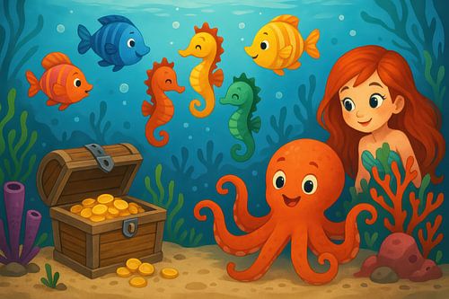 Octopus, vissen en schatkist