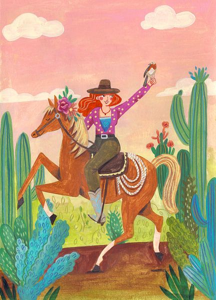 Cowgirl op paard in de woestijn van Caroline Bonne Müller