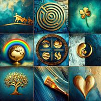 A work of the world in gold and blue