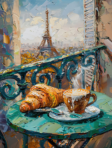 Parijs ontbijt met een croissant en uitzicht op de Eiffeltoren