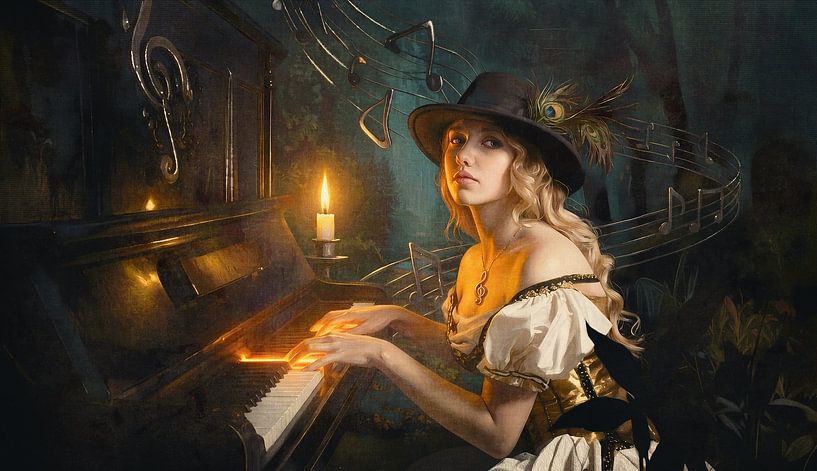 Playing the piano in the forest - a woman makes music in the forest by candlelight by Emiel de Lange