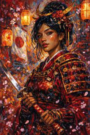 Gemälde eines japanischen Samurai-Kämpfers.