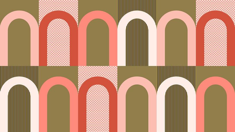 Mid-century Bauhaus arch shapes in gold pink peach by Mad Dog Art