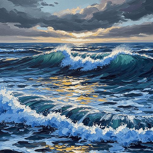 "Twilight's Embrace" - Textured Ocean Waves Sunset Oil Painting Print