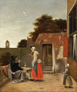 Hof mit einem rauchenden Mann und einer trinkenden Frau, Pieter de Hooch