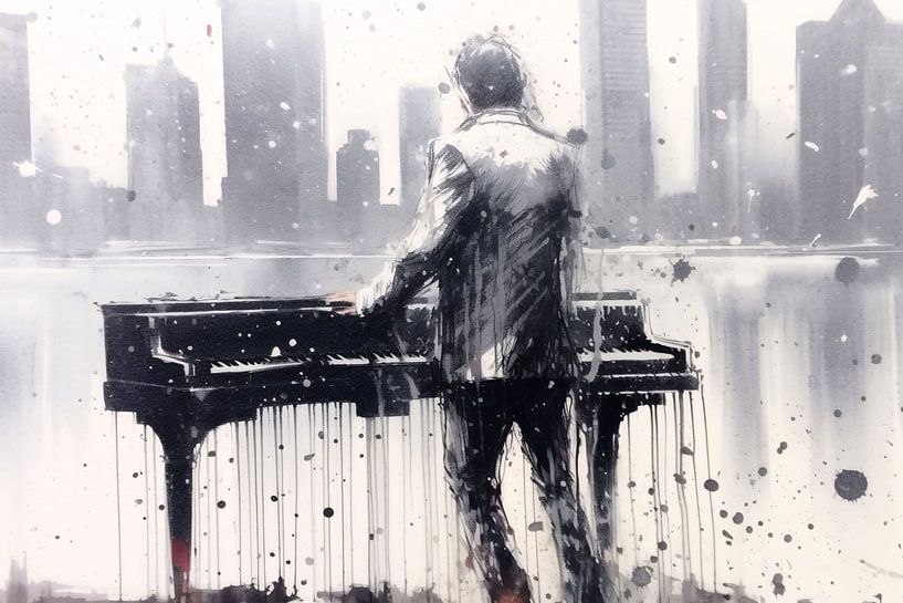 Pianist tegen de achtergrond van een wazige stad van Art & Soul Creations