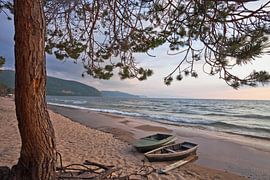 Branches de pin et bateaux sur la plage de sable du lac Baïkal en Sibérie