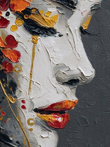 Abstract Portret met Rood en Goud – Expressieve Kunst