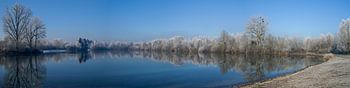 Panoramaaufnahme eines Sees im Winter mit Bäumen und Rauhreif