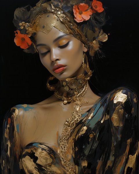 Extraordinary portrait in blue, gold and orange by Carla Van Iersel