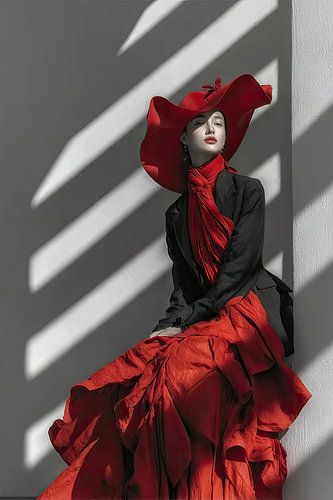 vrouw zwartwit met rode accenten